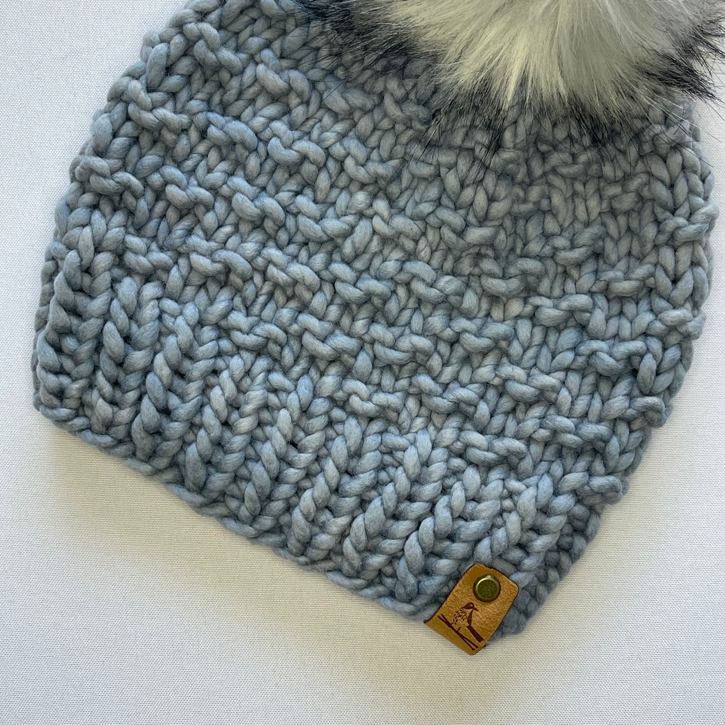 Grey Luxury Merino Wool Knit Hat with Extra Large Faux Fur Pom Pom