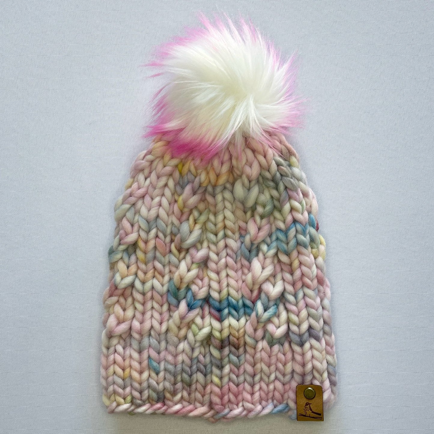 Pastel Rainbow Peruvian Wool Knit Hat with Faux Fur Pom Pom