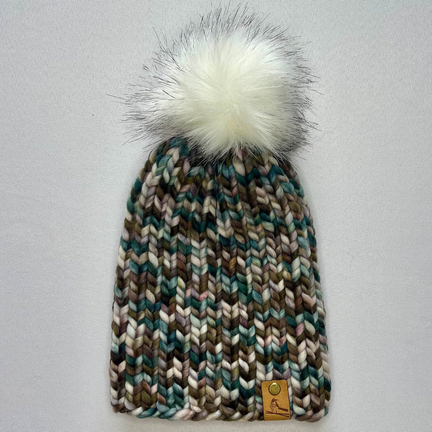 Brown Multi Color Luxury Merino Wool Knit Hat with Faux Fur Pom Pom