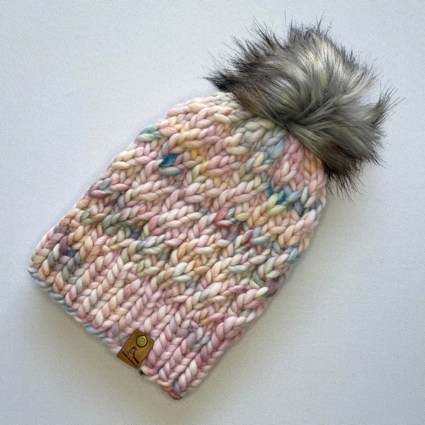 Pastel Rainbow Peruvian Wool Knit Hat with Faux Fur Pom Pom