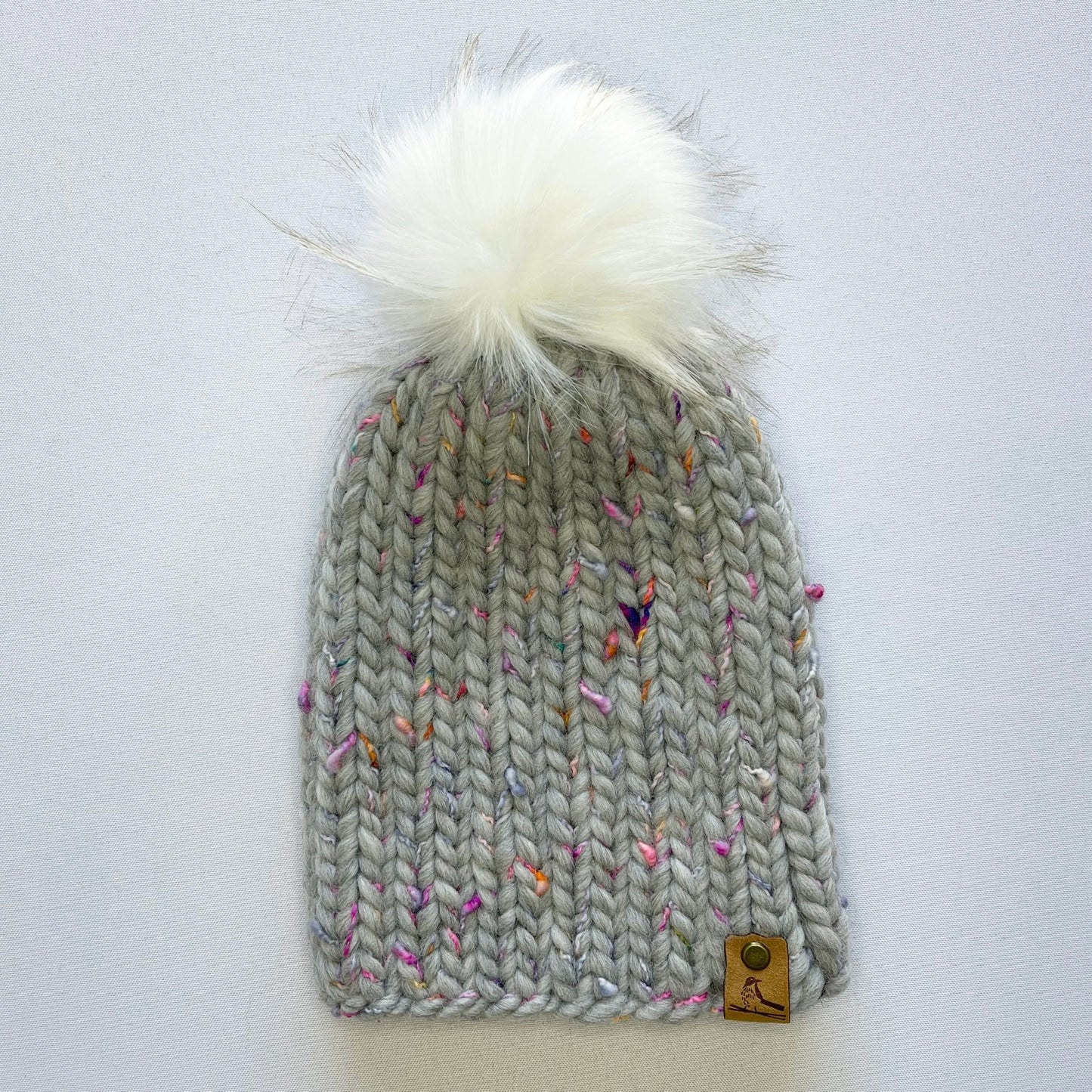 Grey Multi-Color Peruvian Wool Knit Hat with Faux Fur Pom Pom