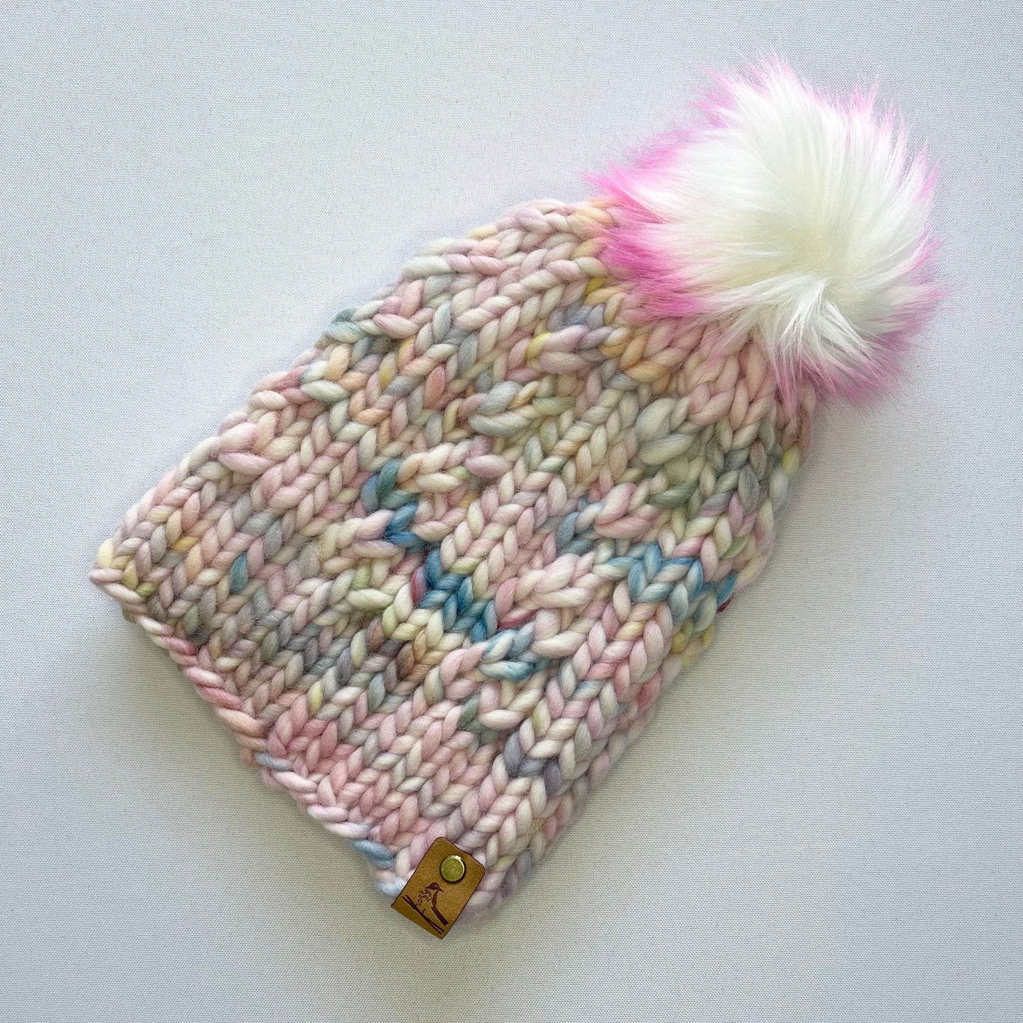 Pastel Rainbow Peruvian Wool Knit Hat with Faux Fur Pom Pom