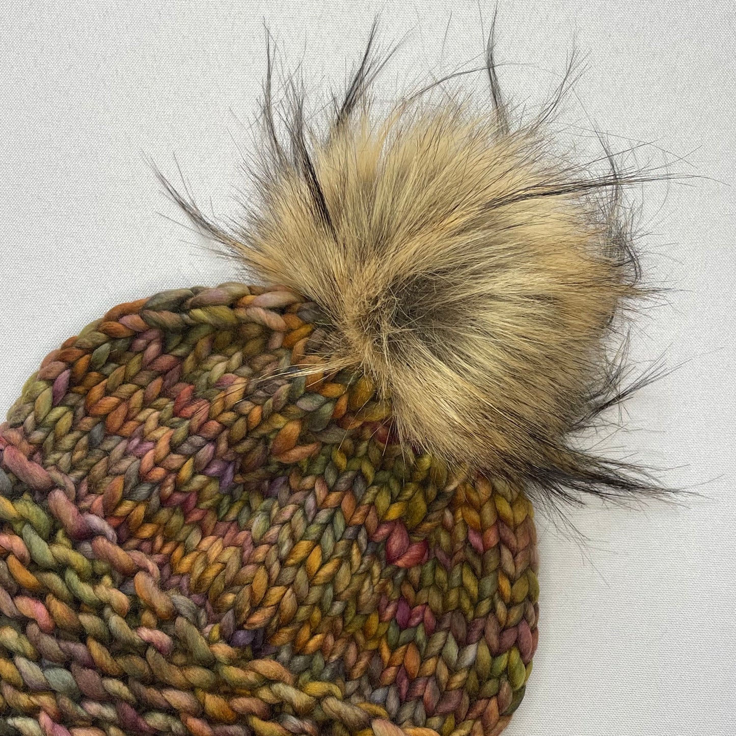 Brown Multi Color Luxury Merino Wool Knit Hat with Faux Fur Pom Pom