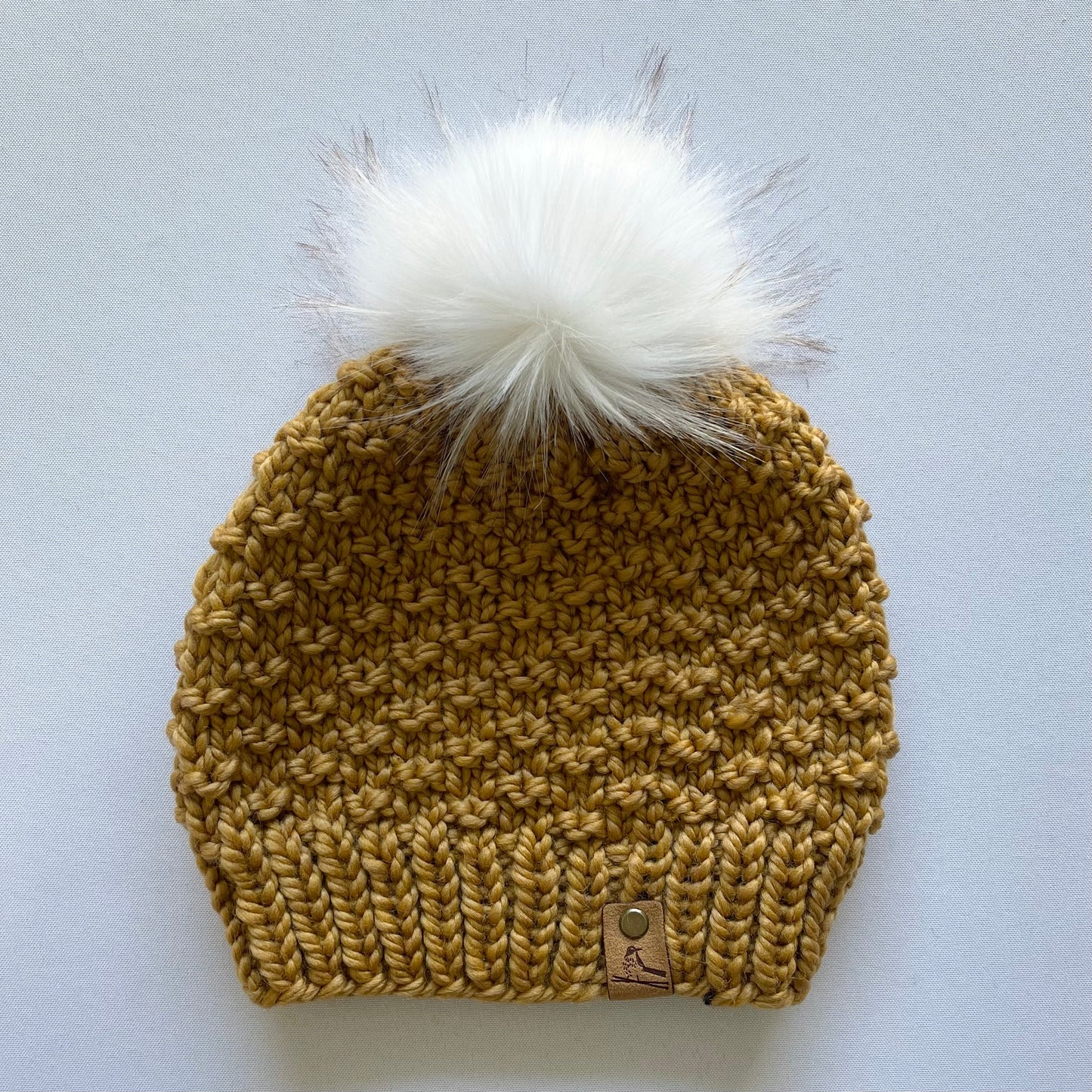 Yellow Ochre Knit Hat with Faux Fur Pom Pom