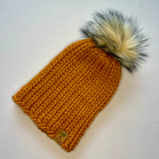 Ginger Peruvian Wool Knit Hat with Faux Fur Pom Pom