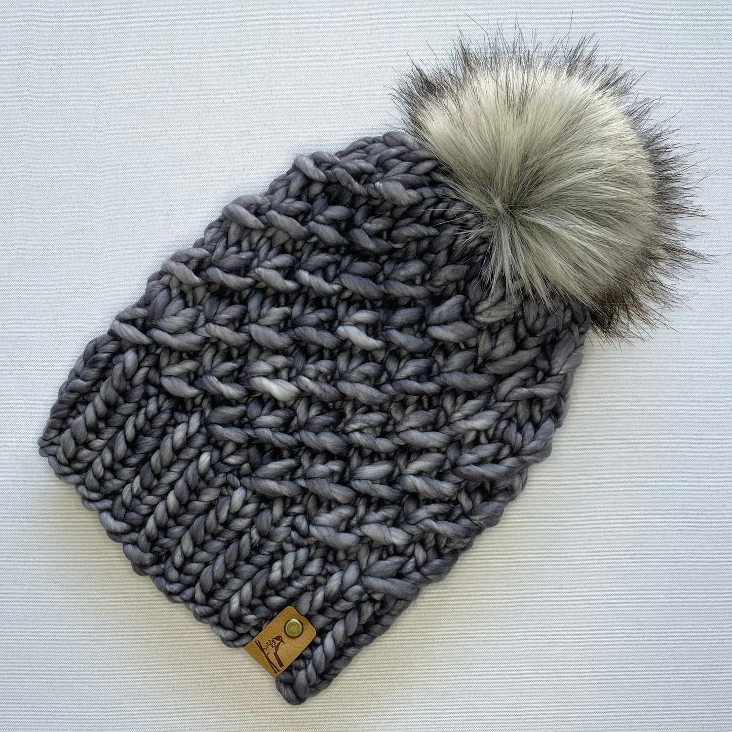 Grey Luxury Merino Wool Knit Hat with Faux Fur Pom Pom